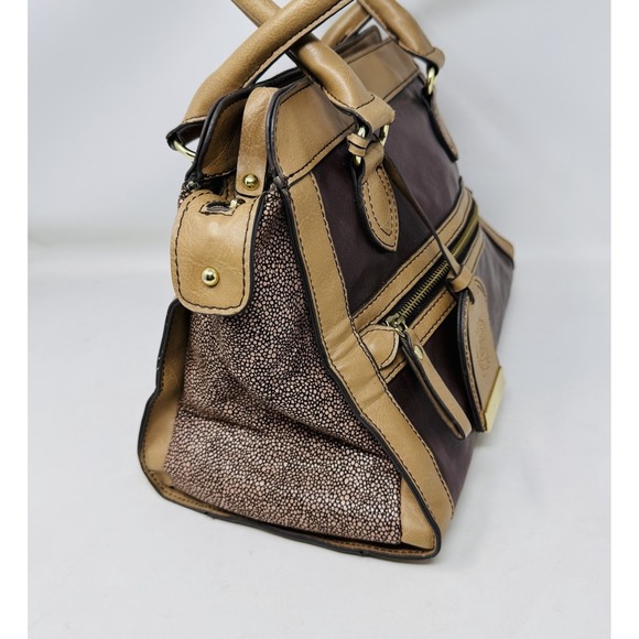 London Fog Two tone Faux Leather Satchel Brown Beige‎ Shoulder Bag - Picture 8 of 16